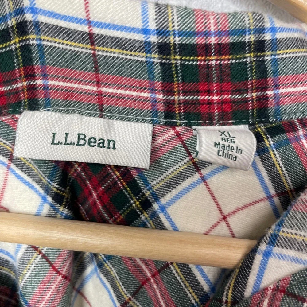 LL Bean Womens XL Flannel Nightgown Red White Blue Plaid 100% Cotton